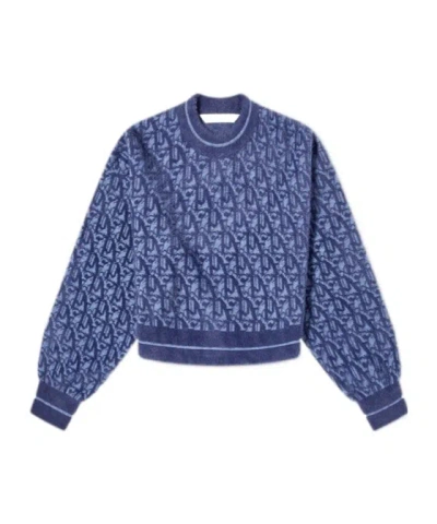 Palm Angels Interwoven Letter Jacquard Wool Sweater In Blue