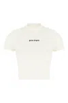 Palm Angels White Fitted Crewneck T-shirt With Emboridered Logo In Off White Black