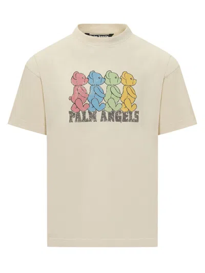 Palm Angels Ivory T-shirt With Front Bear Print In Beige