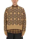 Palm Angels Embroidered Allover Monogram Jacquard Sweater In Beige