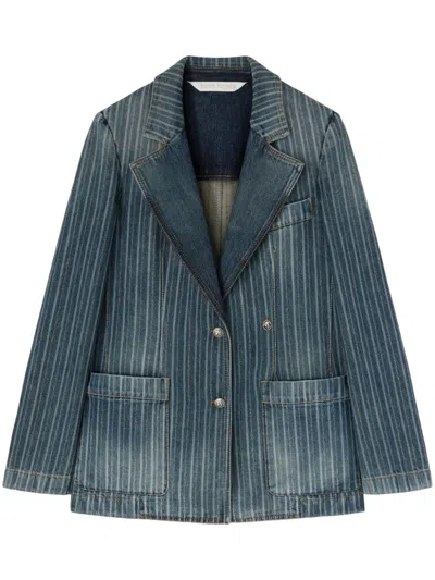 Palm Angels Laser Pinstriped Denim Blazer In 4001 Light Blue - White