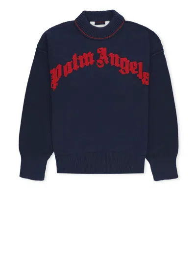 Palm Angels Kids' Curved Logo Knit Jumper In Blue