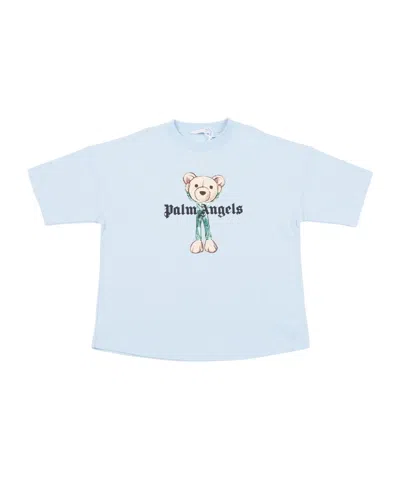 Palm Angels Kids Bear Printed Crewneck T-shirt In Blue