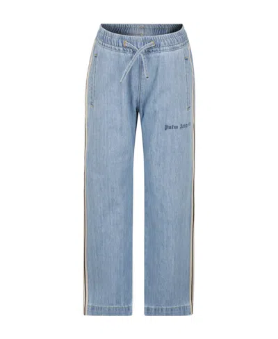 Palm Angels Kids Chambray Logo Printed Track Pants In Blue