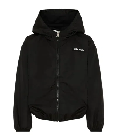 Palm Angels Kids Curved Logo Hooded Jacket In Black