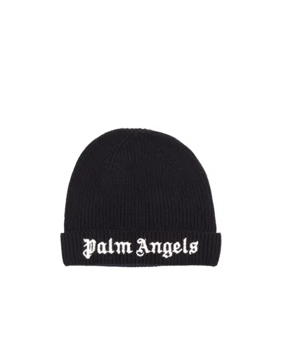 Palm Angels Kids Logo Embroidered Turn-up Brim Beanie In Black