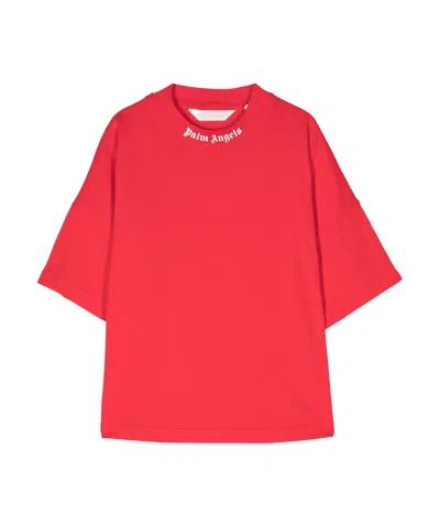 Palm Angels Kids Logo Printed Crewneck T-shirt In Red