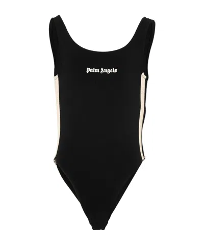 Palm Angels Kids Logo Printed Stretch Bodysuit In Black