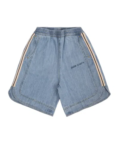 Palm Angels Kids Logo Printed Track Shorts In Blue