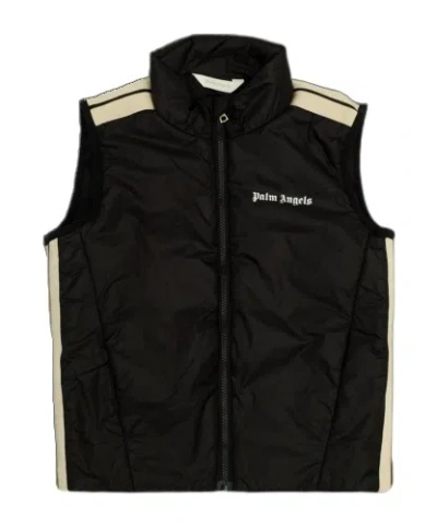 Palm Angels Kids Logo Printed Zip-up Padded Gilet In Black
