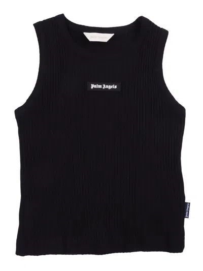 Palm Angels Kids Logo Rib Tank Top Girl In Black
