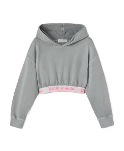 Palm Angels Kids Logo-underband Drop Shoulder Hoodie In Gray