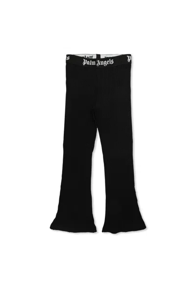 Palm Angels Kids Logo-waistband Lurex Flared Knitted Trousers In Black
