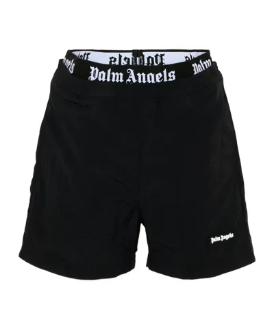 Palm Angels Kids Logo Waistband Swim Shorts In Black