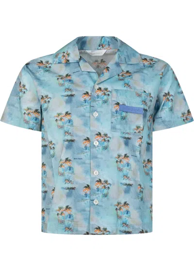 Palm Angels Kids Mini Bowling Shirt With Stampaint Design In Baby Blue