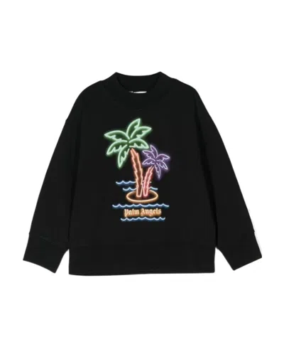 Palm Angels Kids Neon Palms Tree Printed Fleece Sweatshirt In Black