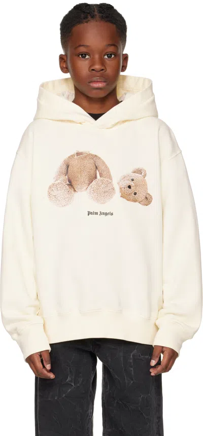 Palm Angels Kids Off-white Bear Hoodie In Butter Brown