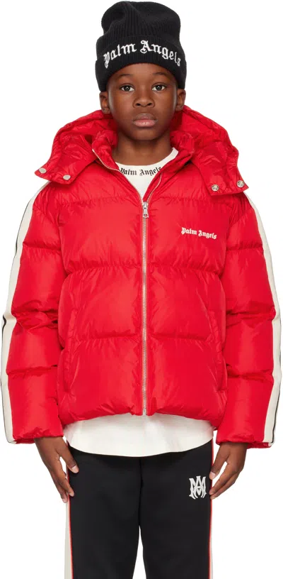 Palm Angels Kids Red Hooded Puffer Jacket In Red Off White