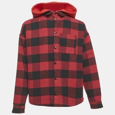 Pre-owned Palm Angels Kids Red/black Checks Cotton Hooded Shirt 12yrs