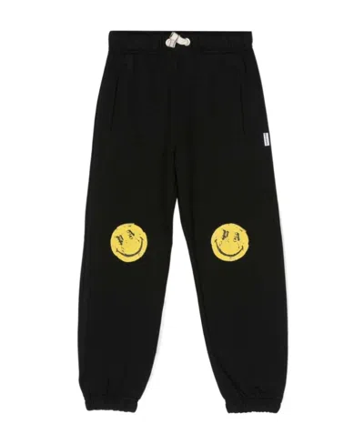 Palm Angels Kids Smiley-printed Elasticated Waist Track Trousers In Black