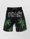 PALM ANGELS KNEE-LENGTH ELASTIC WAISTBAND SHORTS WITH PALM TREE AND SKULL PRINT
