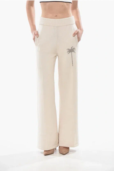 Palm Angels Knit Palazzo Pants Palm With Jacquard Logo In White