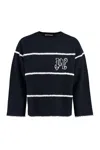 Palm Angels Navy And White Knit Sweater With Paint Monogram Stripes In Blue