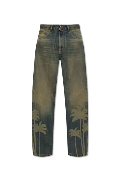 Palm Angels Laser Palm Wide Leg Jeans In Blue
