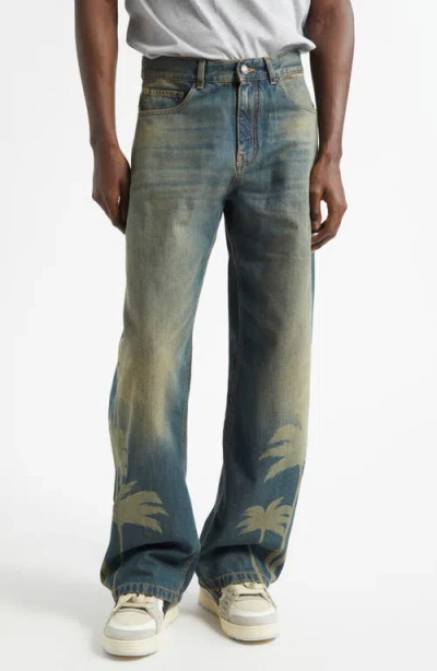 Palm Angels Laser Palms Loose Jeans In Brown - Gradient