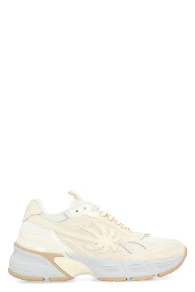 Palm Angels Leather And Fabric Low-top Sneakers In Beige