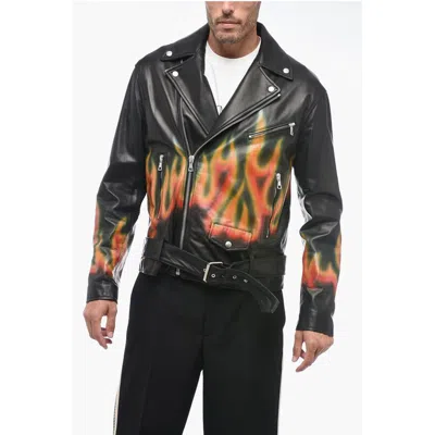 Palm Angels Leather Burning Biker Jacket With Flames Men's Motif