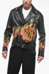 PALM ANGELS LEATHER BURNING BIKER JACKET WITH FLAMES MOTIF