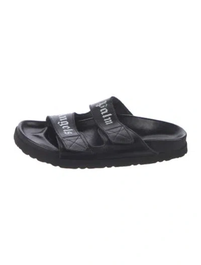 Pre-owned Palm Angels Leather Graphic Print Slides In Black