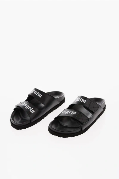 Palm Angels Leather Sliders With Touch Strap Closure And Lettering Logo