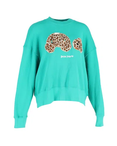 PALM ANGELS LEOPARD BEAR SWEATSHIRT IN GREEN COTTON
