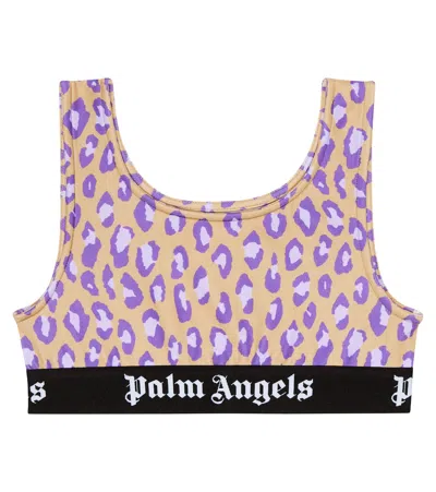 Palm Angels Kids' Leopard-print Sports Bra In Beige Lilac