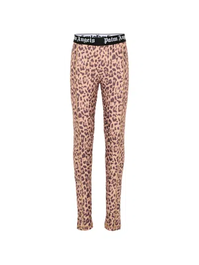 Palm Angels Kids' Leopard-print Logo-waistband Leggings In Neutral