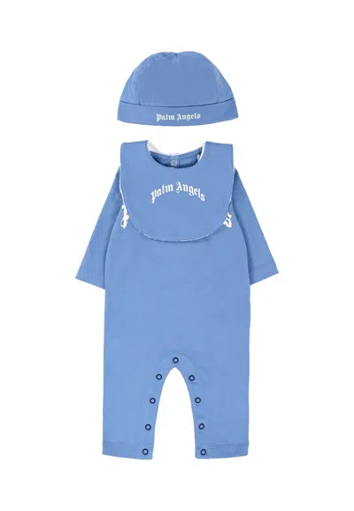 PALM ANGELS LIGHT BLUE BABYGROW SET FOR BABY BOY WITH LOGO