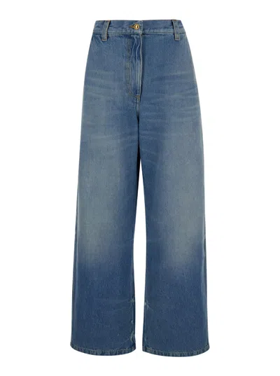 Palm Angels Light Blue High-waisted Wide Jeans With Logo In Denim Woman