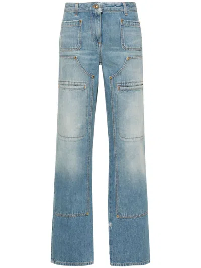 PALM ANGELS LIGHT BLUE KNEE-PANEL MID-RISE STRAIGHT JEANS