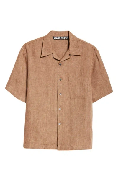 Palm Angels Linen Button-up Bowling Shirt In Light Brown Black