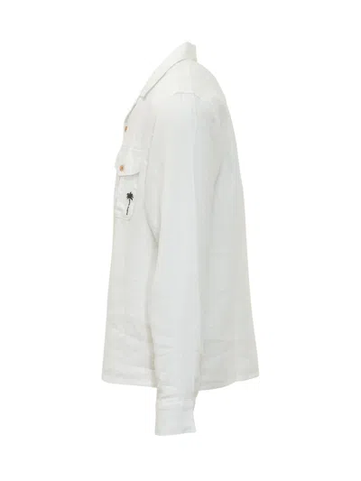 Palm Angels Linen Long Sleeve Shirt With Logo And Pockets In White Black