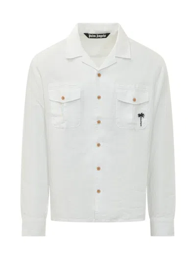 Palm Angels Linen Long Sleeve Shirt With Logo And Pockets In White