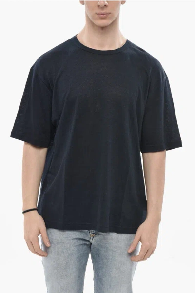 Palm Angels Linen T-shirt With Tone-on-tone Embroidered Logo In Black