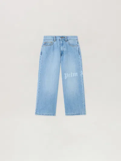 Palm Angels Kids' Logo Baggy Denim Pants In Blue