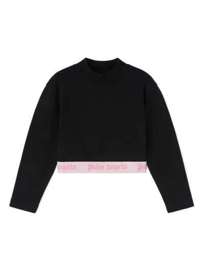 Palm Angels Kids' Logo-band Cropped Sweatshirt In Black Pink