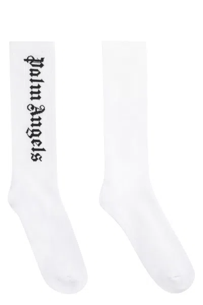 Palm Angels Logo Cotton Blend Socks In White Black