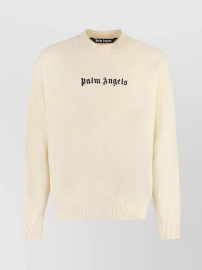 Palm Angels Logo Crew-neck Sweater With Ribbed Knit In Green