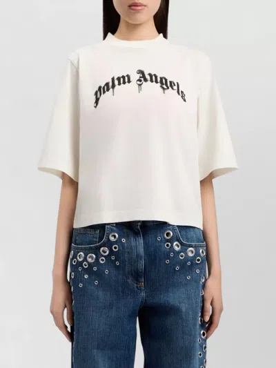 Palm Angels Logo Cropped Cotton T Shirt Crew Neck In Gray