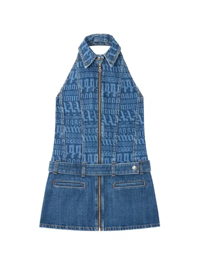 Palm Angels All-over Logo Denim Dress In Blue